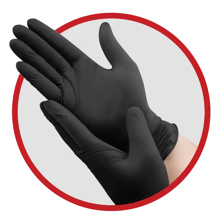 Two hands wearing snug black nitrile gloves are held up against a light gray background. The image is enclosed within a striking red circular border. The gloves appear clean and perfectly fitted on the hands.