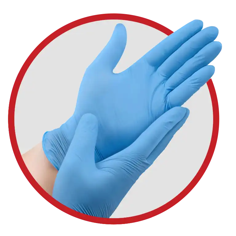A pair of hands wearing blue nitrile gloves are positioned in front of a red-outlined circular background. One hand is open, while the other supports it from beneath.