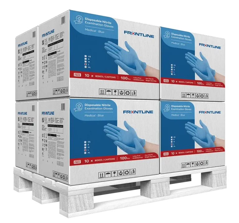 A pallet stacked with cartons labeled Frontline Nitrile Gloves showcases blue disposable examination gloves. Each carton, neatly arranged on the wooden pallet, contains 10 boxes and highlights their medical-grade quality.